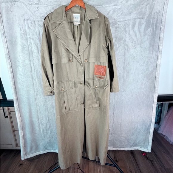 Together womens long trench coat khaki size 8 genuine leather trim vintage - Picture 4 of 9